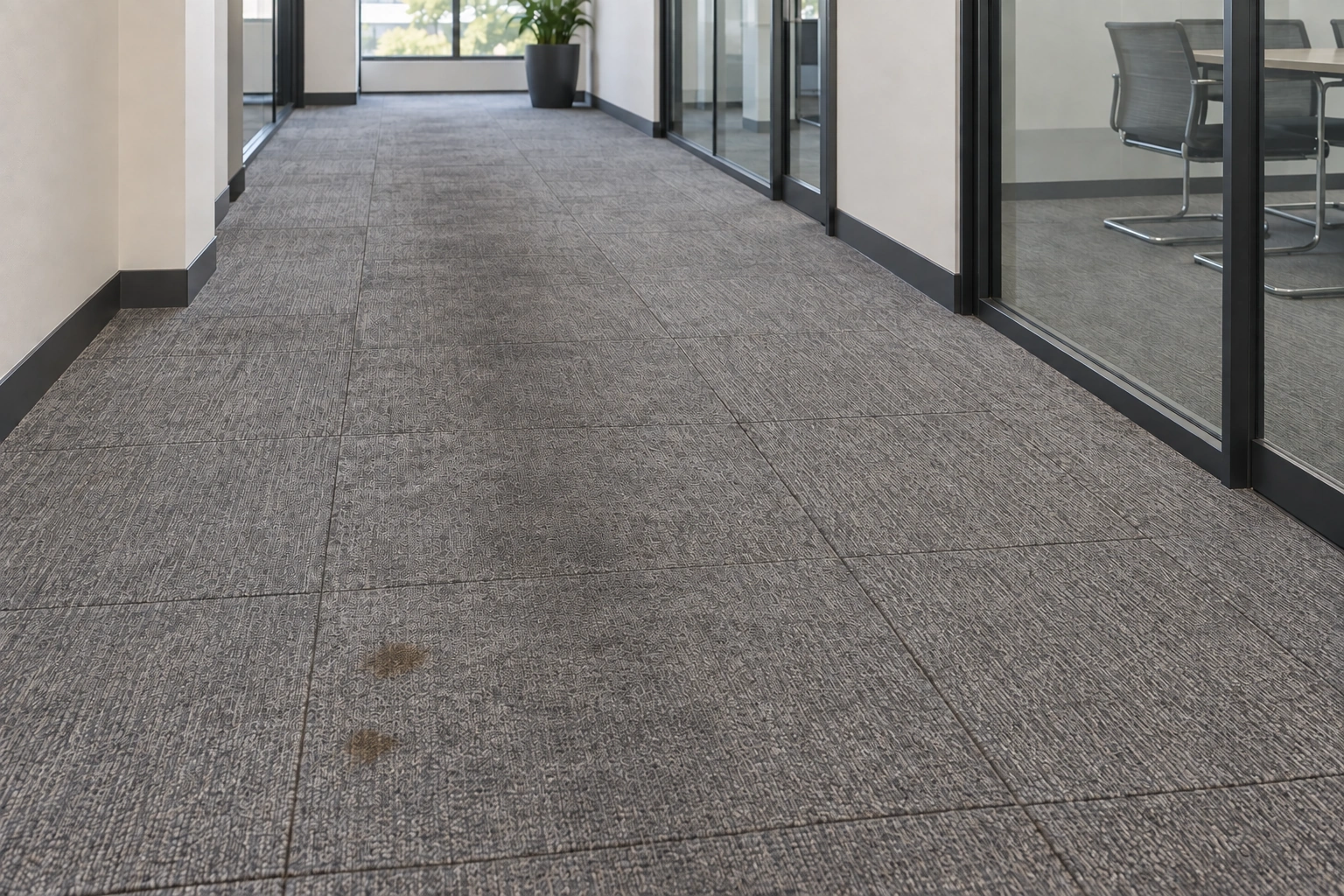 AI illustration: grey office carpet with traffic soil and stains
