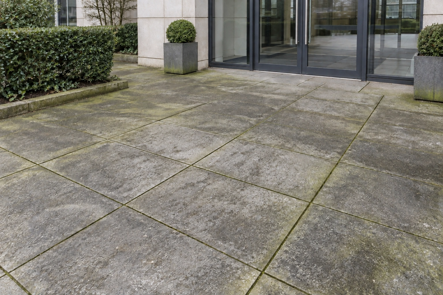 AI illustration: entrance paving with weather grime and algae