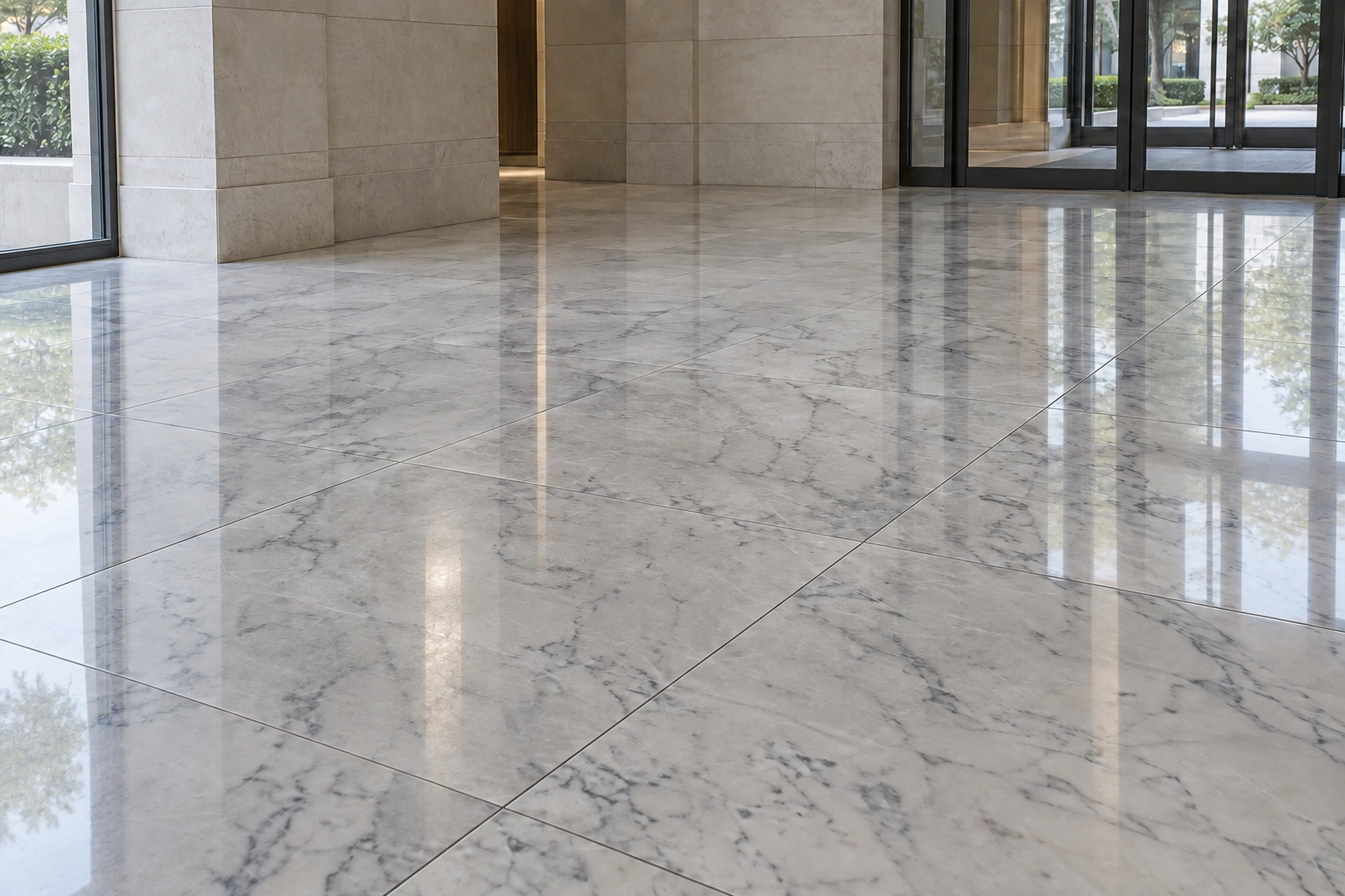 AI illustration: the same marble floor with a clear polished finish