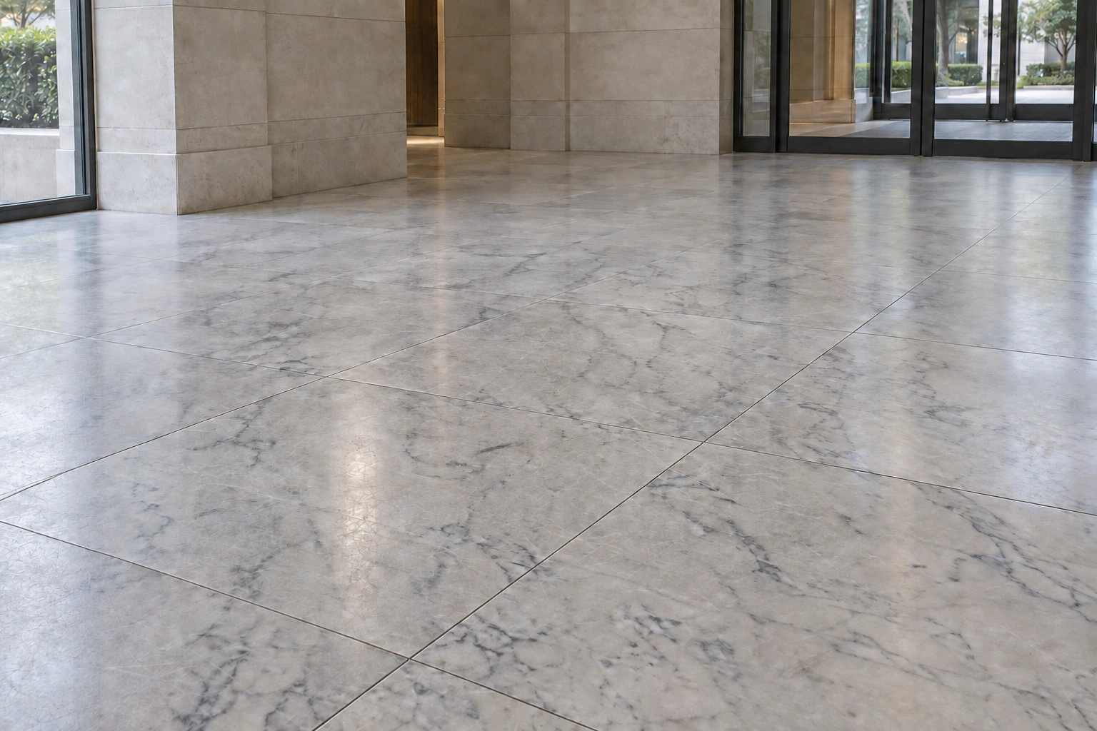 AI illustration: dull, scuffed marble flooring
