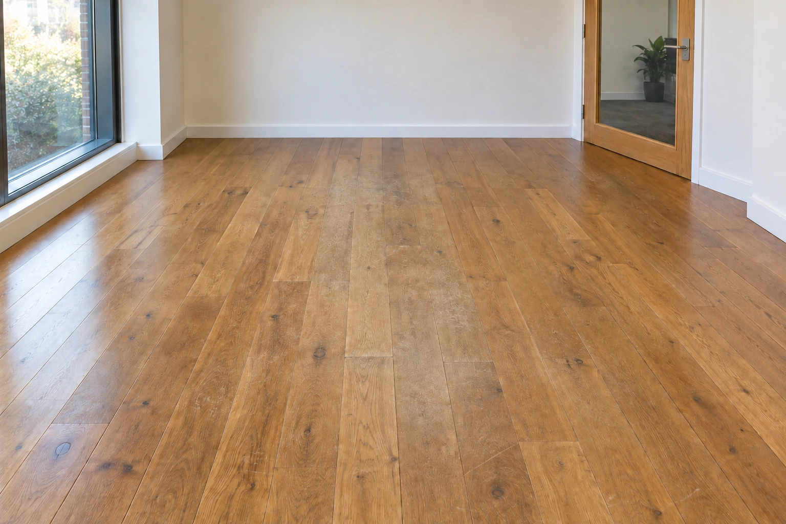 AI illustration: an oak floor with a worn, scratched finish