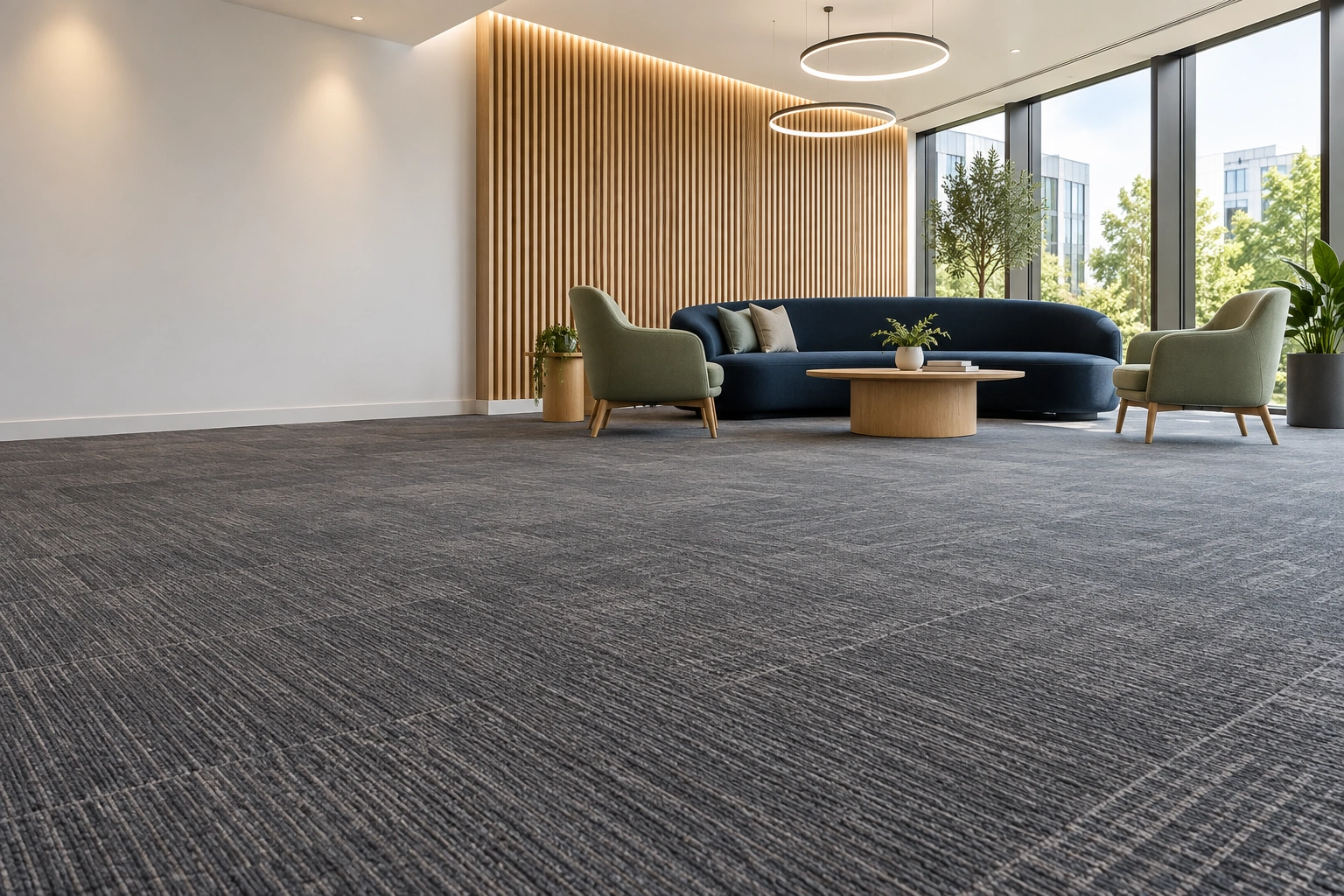 AI-generated image of a carpeted commercial lounge with upholstered seating