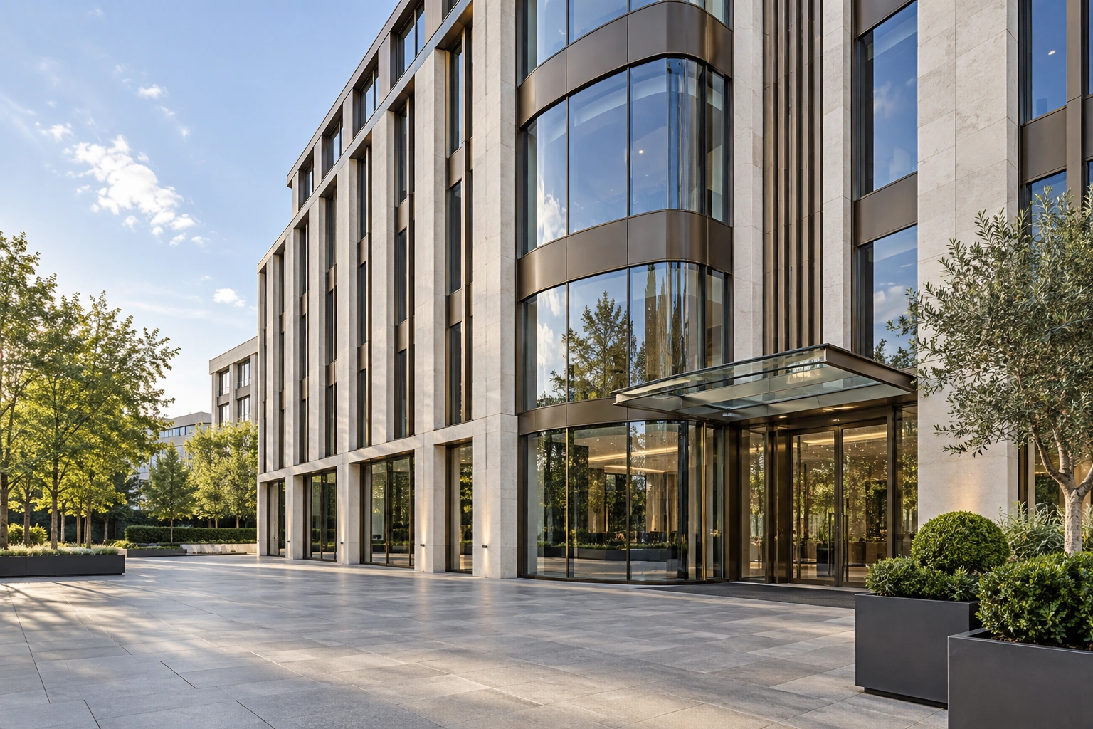 AI-generated image of a modern office frontage with clean glazing, stone and paving