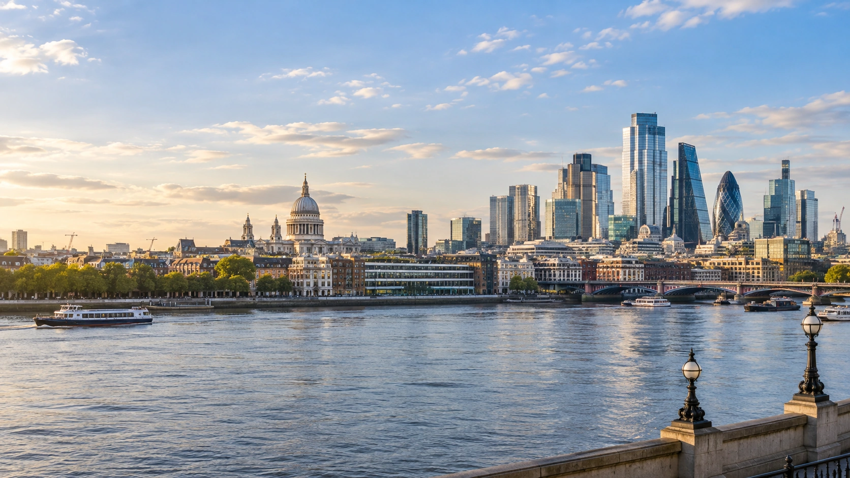 AI-generated London skyline overlooking the River Thames, St Paul's Cathedral and the City