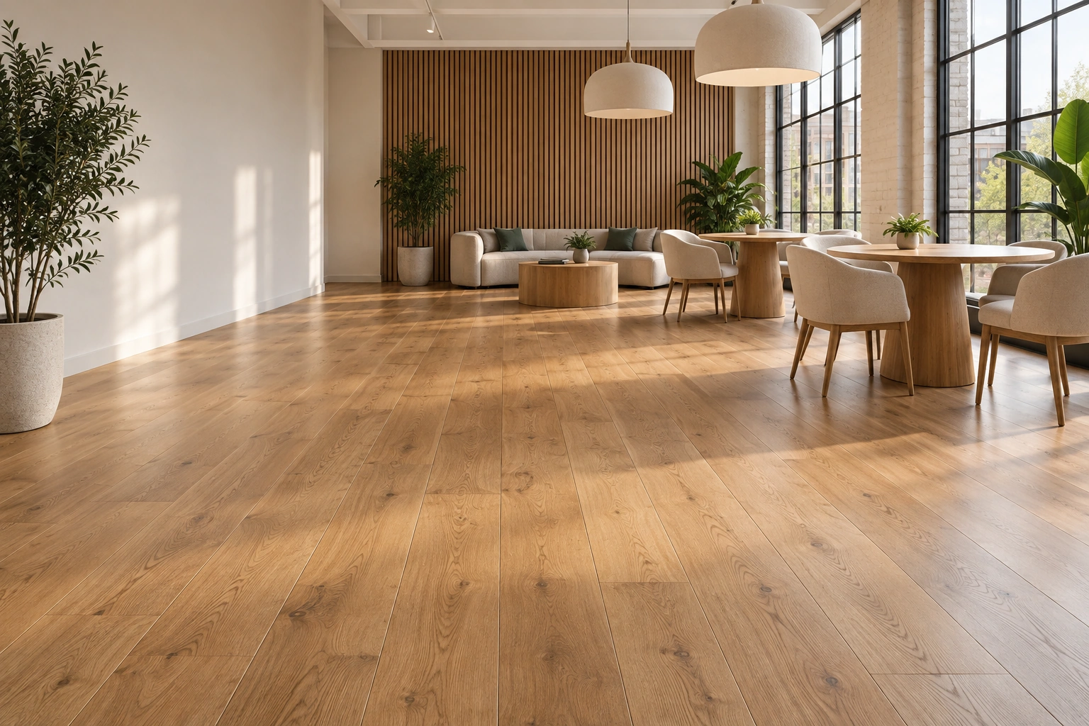 AI-generated image of a workplace lounge with restored oak flooring