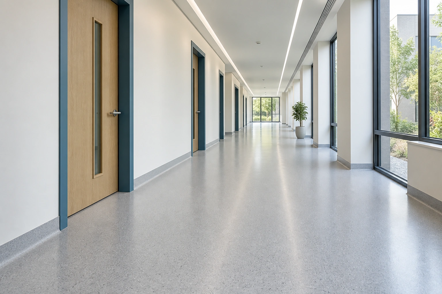 AI-generated image of a bright corridor with clean satin vinyl flooring