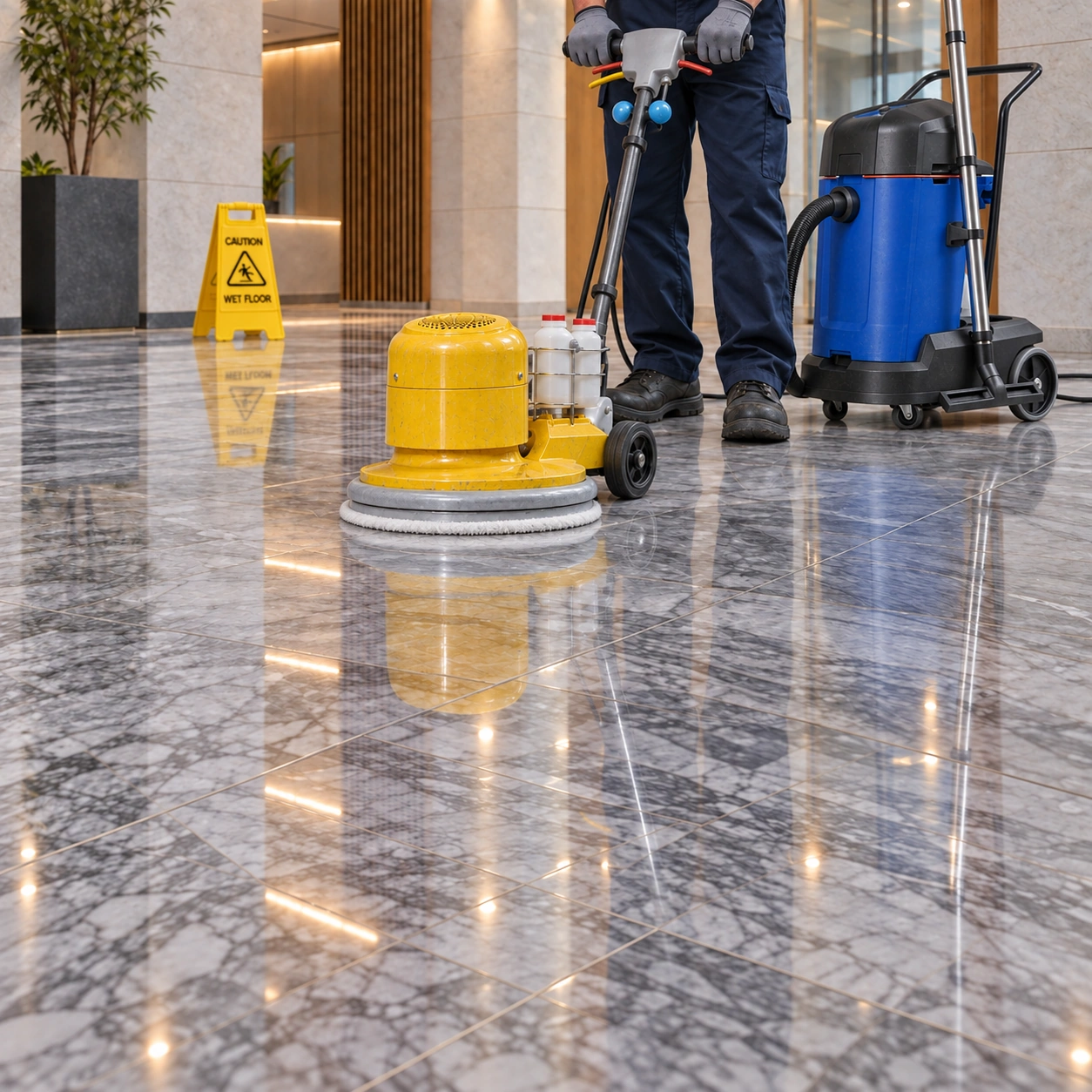 AI-generated waist-down worker scene with an unbranded CP400 floor polisher and MAXXI II wet-and-dry vacuum