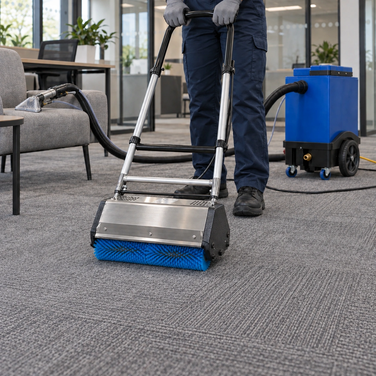 AI illustration: anonymous female worker using a TM4 with cylindrical brush rollers on evenly coloured office carpet, with a compact carpet extractor and upholstery tool behind her