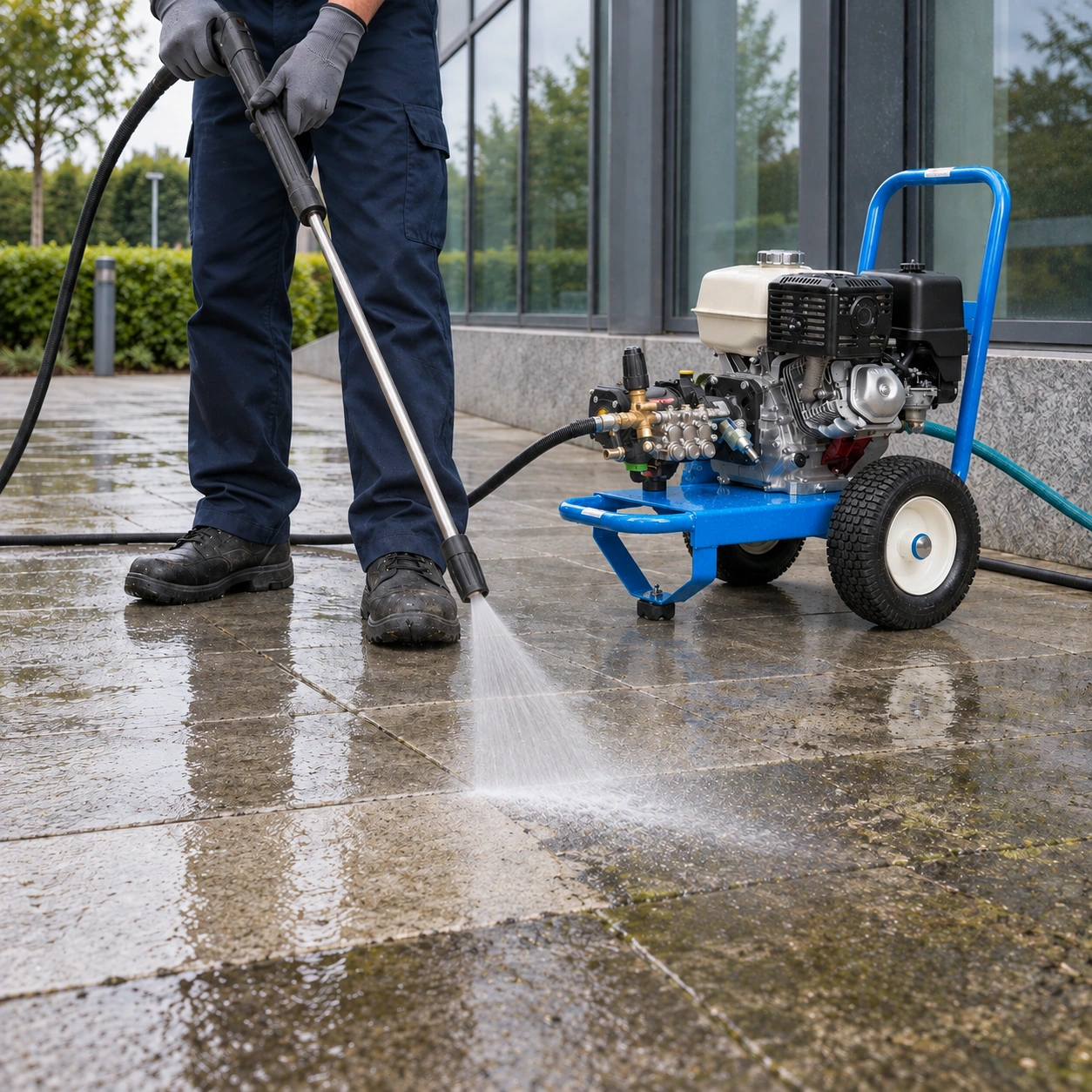 AI illustration: anonymous male worker pressure washing office paving with a petrol trolley machine and lance