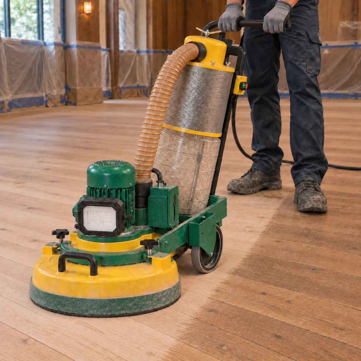 AI-generated depiction of an operative using a TRIO-style floor sander on an oak floor in a cleared, protected commercial room