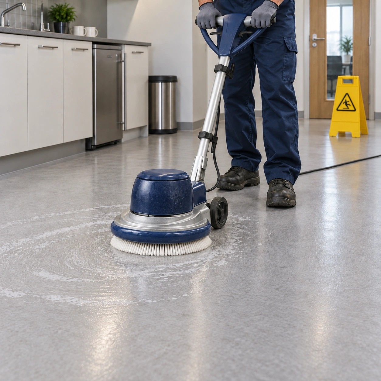 AI illustration: anonymous male worker cleaning a plain vinyl kitchenette floor with a blue single-disc machine